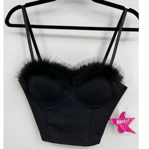 Say What Black Faux Fur Feathers Trim Bustier Crop Top Corset Padded Large NEW